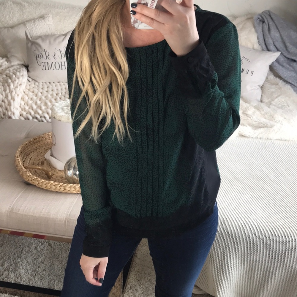 Green spotted black lace work top